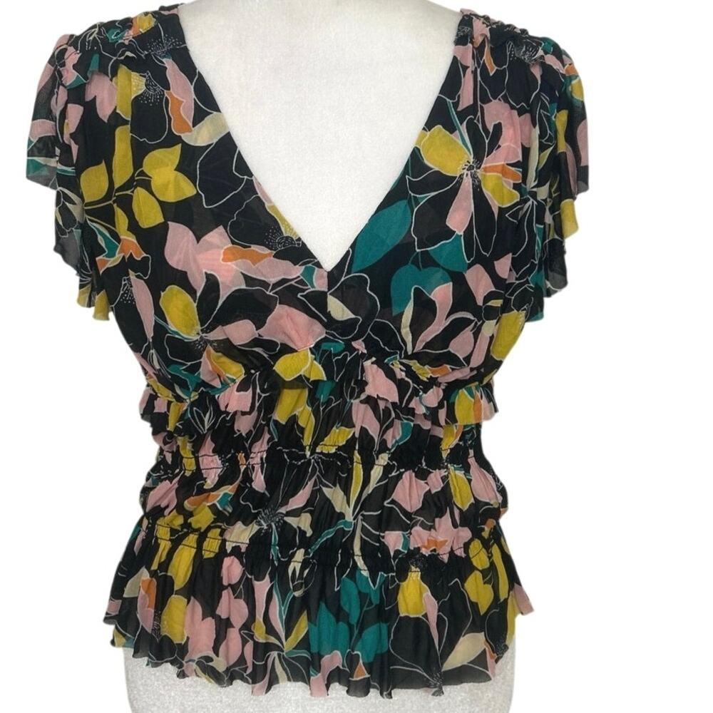 Bar III Black Babydoll Sheer Mesh Floral Flutter Sleeve Top M NWT Whimsigoth